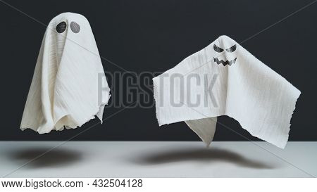 Sad And Spiteful Ghosts Fly. Halloween Holiday