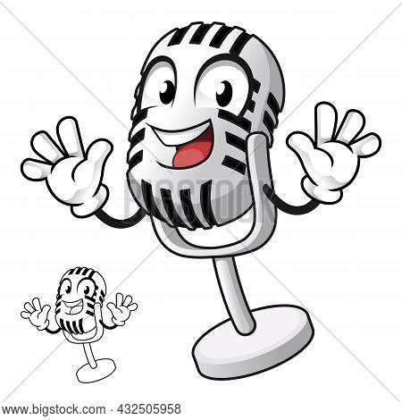 Old Condenser Microphone Waving His Hands With Line Art Drawing, Studio Object, Vector Character Ill