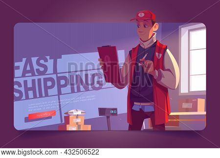 Fast Shipping Poster With Man In Warehouse With Package Boxes And Scales. Vector Banner Of Delivery 