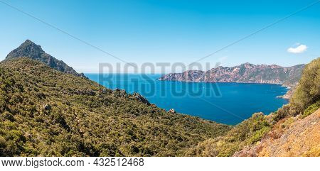 Panoramic View Over The Gulf Of Girolata On The West Coast Of Corsica