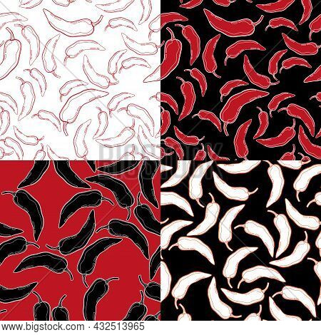 Red Pepper On Geometry Background Vector Seamless Pattern Set. Mexican Chili Vegetable. Hot Paprika 