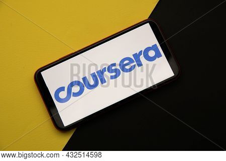 Tula, Russia - April 08, 2021: Coursera Logo On Iphone Display
