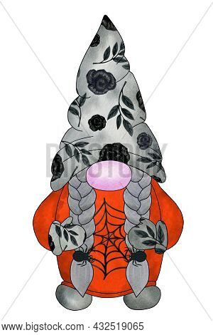 Halloween Gnome With Pattern Of Black Roses And Spiders On Clothes. Hand Drawn Watercolor Illustrati