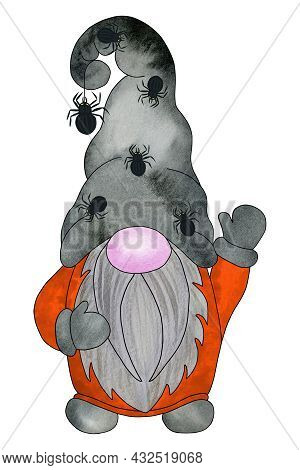 Halloween Gnome With Pattern Of Spiders On Cap. Hand Drawn Watercolor Illustration, Clipart Isolated