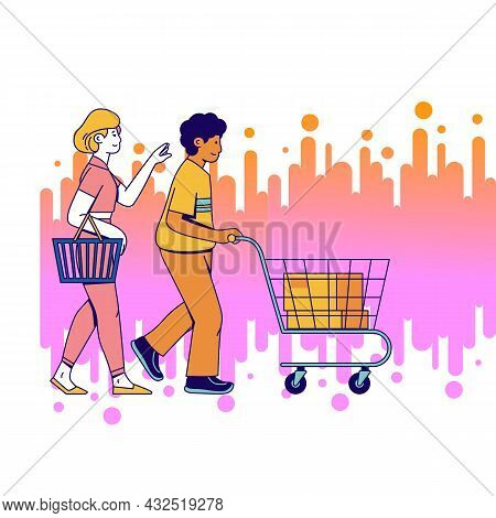 Man & Women Going To Shopping With Cart