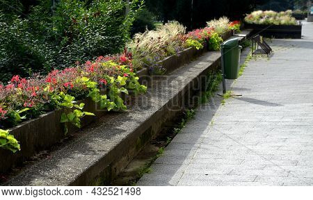 On The Edge Of The Elevated Terrace Overlooking The Park Is A Concrete Long Flowerpot With A Concret