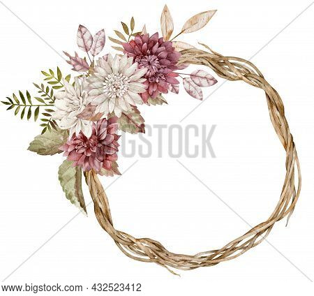Watercolor Fall Wreath Decorated With Aster Flowers, Autumn Leaves. Beautiful Floral Circle Frame.