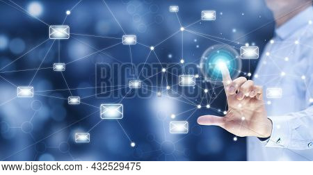 E-mail And Marketing Concept. Double Exposure Businessman Touch Email Pressing For Sending The E-mai