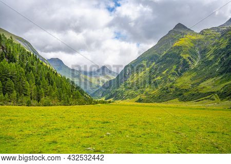 Green Meadow In Alpine Valley, Gschlosstal Valley, Hohe Tauern National Park, East Tyrol, Austrian A