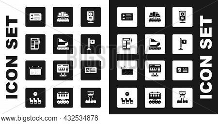 Set Information Stand, High-speed Train, News, Road Traffic Signpost, Cargo Wagon, Qr Code Ticket An