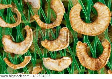 Apple Slices On The Special Drying Device. Preparation Apple Chips At Home.