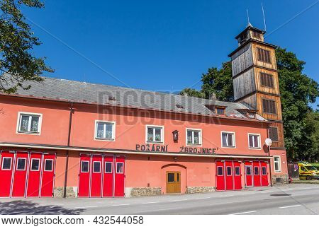 Volary, Czech Republic - September 20, 2020: Red Doors Of The Historic Fire Station In Volary, Czech