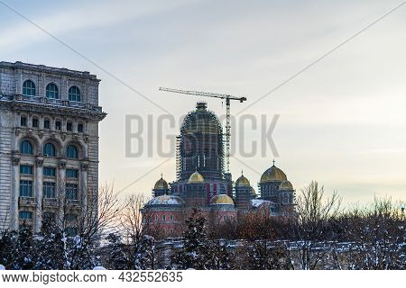 People's Salvation Cathedral (catedrala Mantuirii Neamului) Construction Site On Snowy Day In Buchar