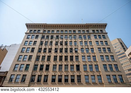 Edmonton, Alberta - July 30, 2021: Looking Up View Of Edmonton's Historic Downtown Office Buildings.