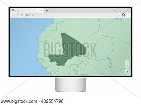 Computer Monitor With Map Of Mali In Browser, Search For The Country Of Mali On The Web Mapping Prog