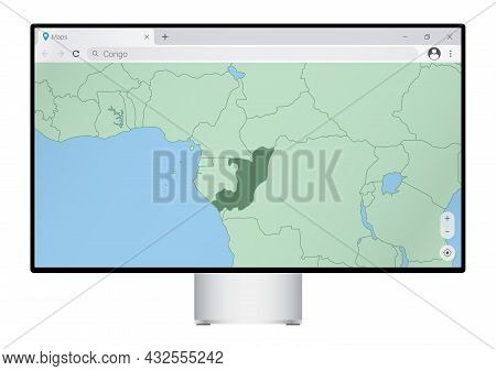 Computer Monitor With Map Of Congo In Browser, Search For The Country Of Congo On The Web Mapping Pr