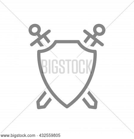 Protective Shield With Swords Line Icon. Protection, Knights Defender, Warrior Guard