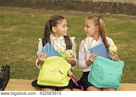 Beginning Their Knowledge Journey. Happy Girls Back To School On September 1. Little Children On Sep