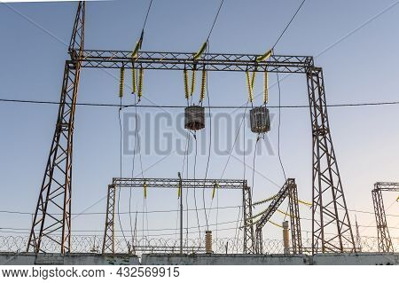 High-voltage Power Lines With Wave Trap Or High-frequency Stopper. Electricity Distribution Station.