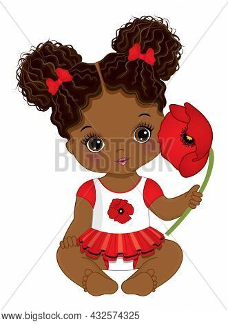 Cute Little Black Baby Girl Wearing Red, White And Black Dress. African American Baby Girl Has Two B