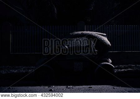 Strasbourg, France - Dec 3, 2017: Silhouette Of Renault Twizy Covered With Snow - Atwo-seat Microcar