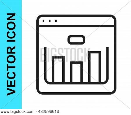 Black Line Browser With Stocks Market Growth Graphs And Money Icon Isolated On White Background. Mon