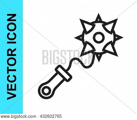 Black Line Medieval Chained Mace Ball Icon Isolated On White Background. Morgenstern Medieval Weapon