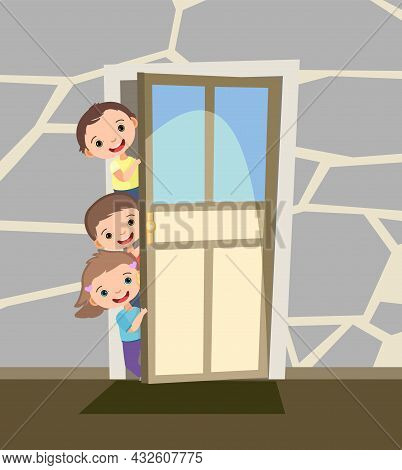 Children Peek In The Door. Opened The Entrance. Funny Kid. View From Inside The Room. Cartoon Style.