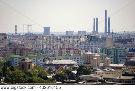 Bucharest, Romania - September 09, 2021: The Chimneys Of The Cet Sud Power Plant, As Seen From 6 Km 