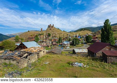 Tusheti, Georgia - 23 August, 2021: The Upper Omalo Village And The Fortress Keselo