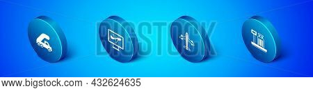 Set Isometric Passenger Ladder For Plane Boarding, Plane, Scale With Suitcase And Icon. Vector