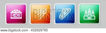 Set Line Tin Can With Caviar, Satellite, Kankles And Church Building. Colorful Square Button. Vector