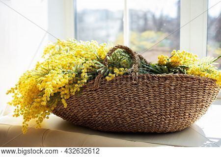 Flowers Mimosa In Basket On Windowsill. Beautiful Yellow Spring Flowers. 8 March , Easter, Mother's 