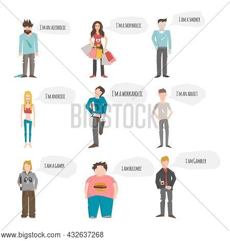 Addict People Characters In Support Group With Smoker Alcoholic Gambler Members Isolated Vector Illu