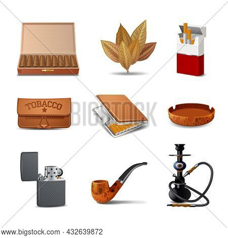 Tobacco Decorative Realistic Icon Set With Cigars Cigarette Pack Ash Tray Isolated Vector Illustrati