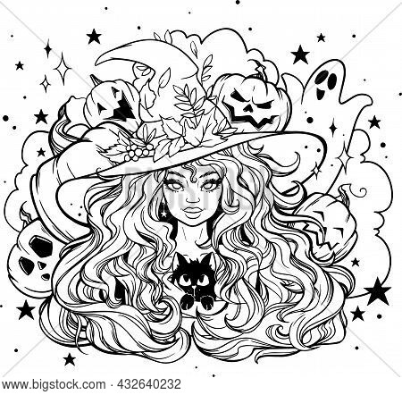 Black And White Coloring, Girl Witch, Postcard, Coloring For Halloween