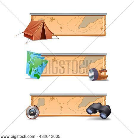 Hiking Banners Horizontal Set With Realistic Tent Map Compass Isolated Vector Illustration