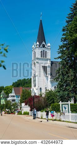 Mackinaw Island, Mi - July 14, 2021: Exterior Of The Historical St. Annes Church On Mackinac Island,