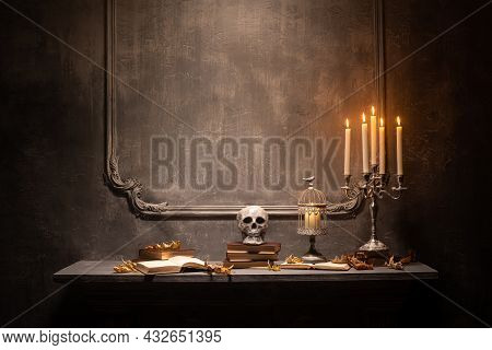 Scary Laughing Pumpkin And Old Skull On Ancient Gothic Fireplace. Halloween, Witchcraft And Magic.