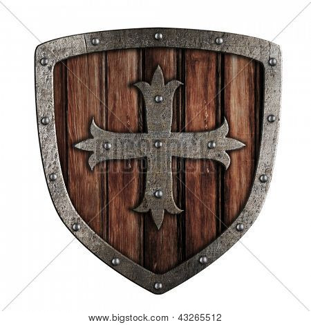 ภาพโล่ไม้ crusader เก่าแยกต่างหากบนพื้นสีขาว