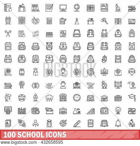 100 School Icons Set. Outline Illustration Of 100 School Icons Vector Set Isolated On White Backgrou