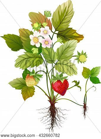 Bush Blooming Strawberry With Berries And Flowers Vector Illustration