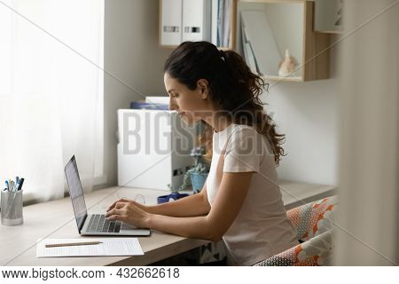 Focused 35s Woman Sit At Desk Working Online Using Laptop