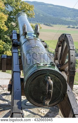 Bronze Cannon In Front Of Krasna Horka Castle. Slovakia.