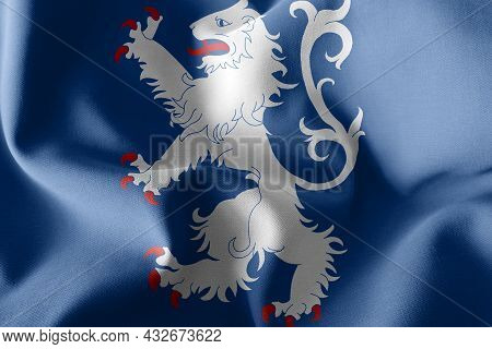 3d Illustration Flag Of Halland Is A Region Of Sweden. Waving On The Wind Flag Textile Background