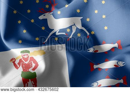 3d Illustration Flag Of Vasterbotten Is A Region Of Sweden. Waving On The Wind Flag Textile Backgrou