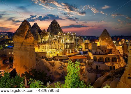 Goreme Town On Sunset In Cappadocia, Central Anatolia, Turkey