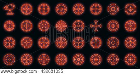 Telescopic Sight Icons Set. Outline Set Of Telescopic Sight Vector Icons Neon Color On Black