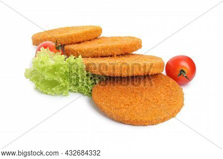 Uncooked Breaded Cutlets, Tomatoes And Lettuce On White Background. Freshly Frozen Semi-finished Pro