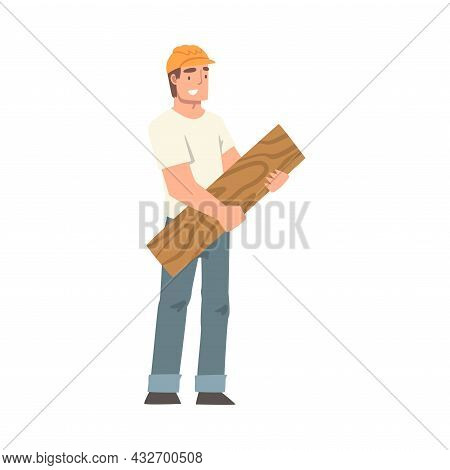 Handyman Or Fixer As Skilled Man In Hard Hat Carrying Wooden Plank Engaged In Home Repair Work Vecto